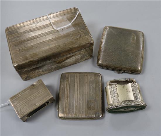 A silver engine-turned cigarette box, two cigarette cases and a matchbox holder, all initialled AHF and a Ronson plated lighter